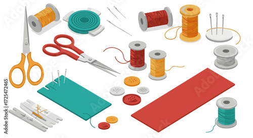 Sewing tools set with scissors, threads, needles, and buttons in isometric style