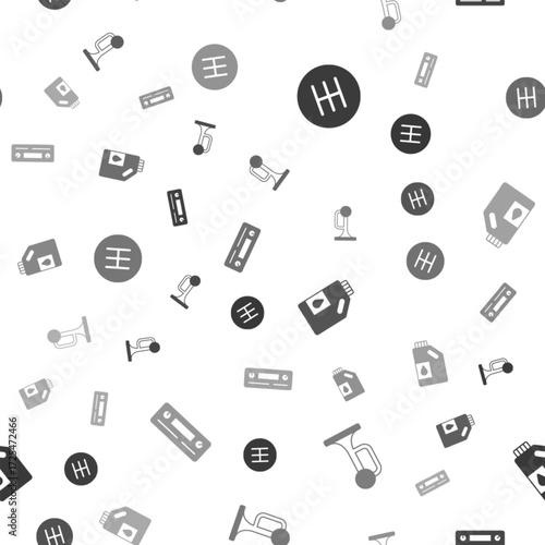 Set Gear shifter, Signal horn on vehicle, Canister for motor oil and Car Audio on seamless pattern. Vector