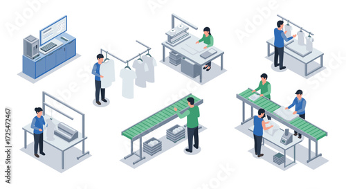 Isometric garment manufacturing process with workers in factory setting