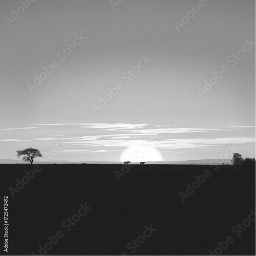 A surreal depiction of Serengeti during twilight in winter, under windy conditions, capturing unique natural textures and atmospheric mood.