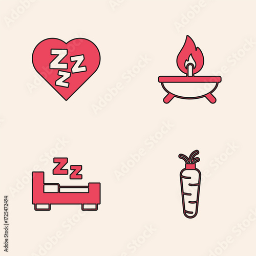 Set Carrot, Sleepy, Aroma candle and Time to sleep icon. Vector