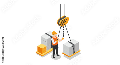 Construction worker operating crane hook for heavy load lifting
