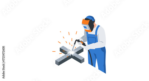 Isometric welder working on metal with sparks flying in safety gear