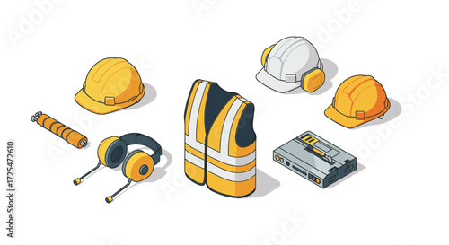 Isometric construction safety gear set with helmets and tools