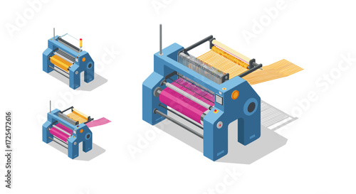 Isometric textile machine set with colorful threads on white background
