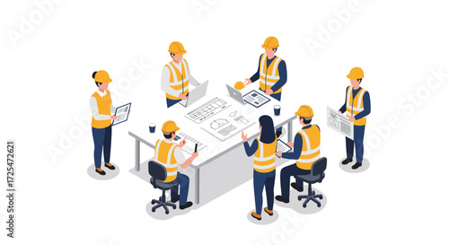 Collaborative meeting of engineers and architects in isometric style