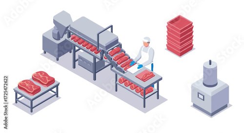 Isometric meat processing facility with conveyor belt and worker
