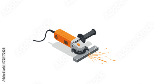 Isometric angle grinder with sparks on white background