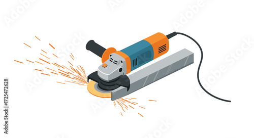 Isometric angle grinder cutting metal with sparks