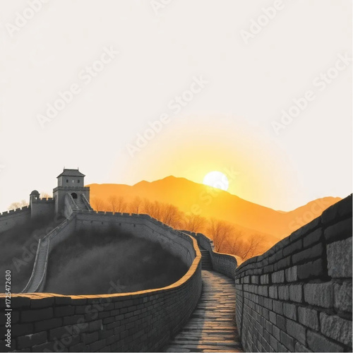 A surreal depiction of Great Wall of China during golden hour in autumn, under windy conditions, capturing unique natural textures and atmospheric mood.