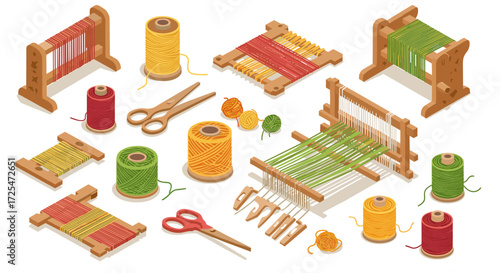 Isometric yarn and loom tools: crafting essentials with thread spools and weaving supplies