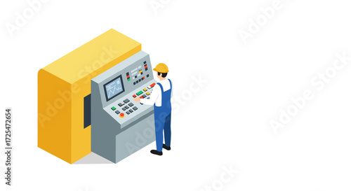 Isometric factory worker operating control panel for industrial automation