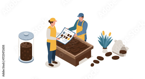 Isometric coffee plant workers examining beans with equipment and plants