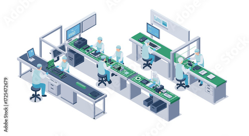 Isometric electronics factory with robotics and engineers in cleanroom environment