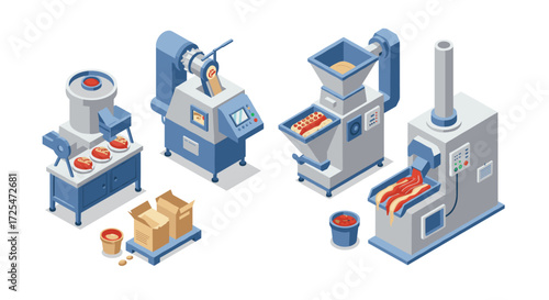 Isometric food processing machines in modern factory layout