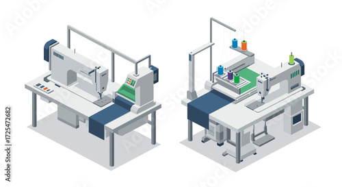 Isometric sewing and embroidery machines with modern design elements for garment production