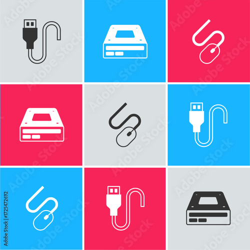 Set USB cable cord, Optical disc drive and Computer mouse icon. Vector