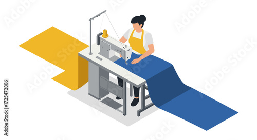 Isometric tailor workshop with sewing machine and fabric - crafting and textile design concept