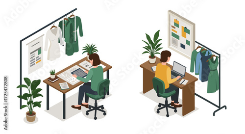 Isometric modern home office scene with fashion designers working remotely