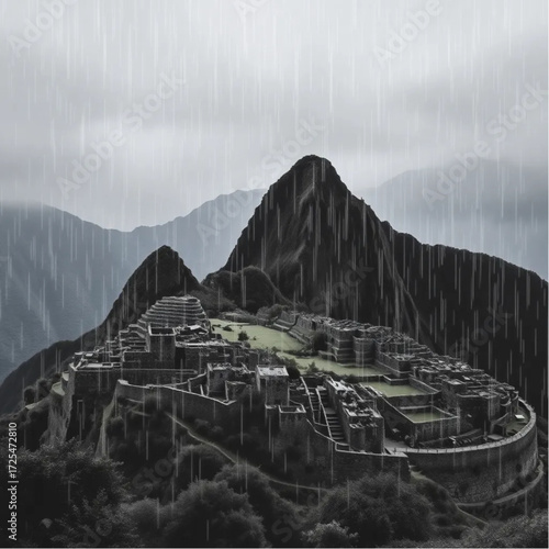 A cinematic depiction of Machu Picchu during twilight in spring, under rainy conditions, capturing unique natural textures and atmospheric mood.