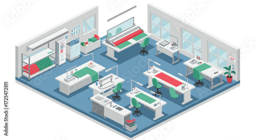 Isometric sewing workshop interior with desks and sewing machines