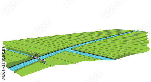 Illustration of a Green Field with Water Canals and Pipes.