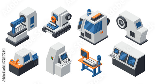 Isometric industrial machinery set with high-tech robotics and modern manufacturing equipment