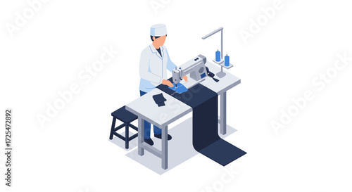 Isometric tailor in workshop using sewing machine and crafting fashion garments