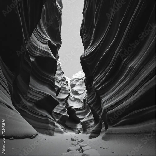 A macro lens depiction of Antelope Canyon during midnight in winter, under snow-covered conditions, capturing unique natural textures and atmospheric mood.