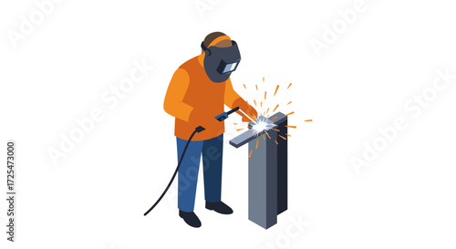 Isometric welder in action with protective gear and sparks