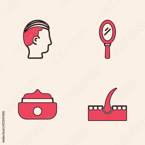 Set Human hair follicle, Hairstyle for men, Hand mirror and Gel wax styling icon. Vector