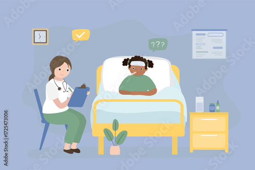Kid having cold and fever. Sick girl in bed measuring body temperature. Pediatrician or nurse and schoolgirl in medical ward interior. Sick child, illness, treatment.