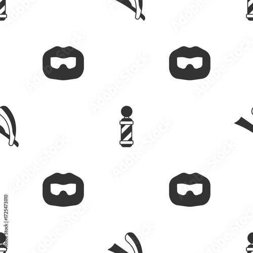 Set Straight razor, Classic Barber shop pole and Mustache and beard on seamless pattern. Vector