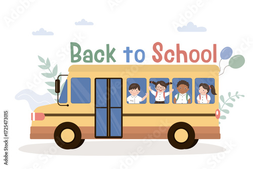 Multiethnic little kids boy and girl ride school bus and go to school. Start education process. Back to school. Schoolboys and schoolgirls