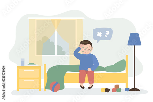 Kid having cold and fever. Sick boy sitting on bed. Tired little schoolboy in room interior. Sick child, illness and treatment