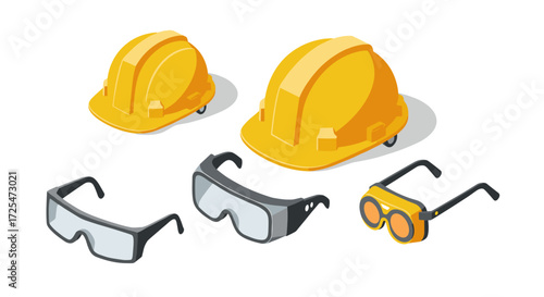Protective gear set: hard hats and safety glasses for construction and industrial use
