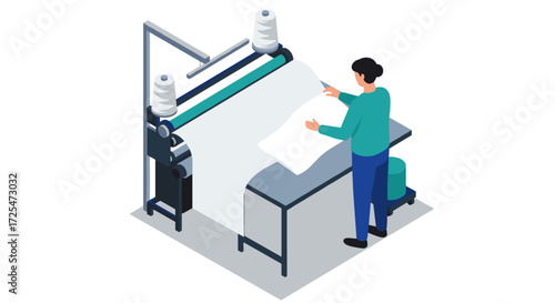 Textile worker operating industrial sewing machine in isometric style