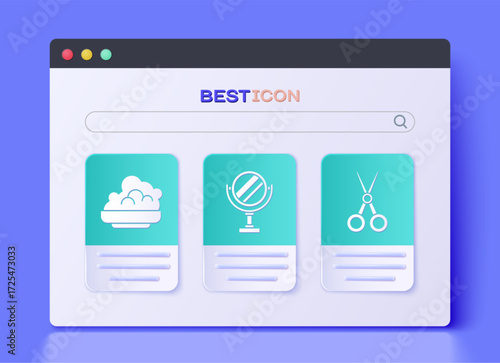 Set Round makeup mirror, Shaving gel foam and Scissors hairdresser icon. Vector