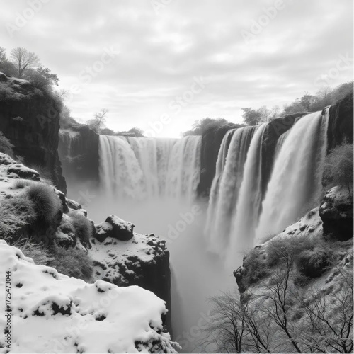 A macro lens depiction of Iguazu Falls during sunset in autumn, under snow-covered conditions, capturing unique natural textures and atmospheric mood.