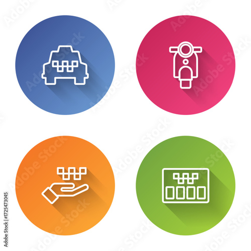 Set line Taxi car, Scooter, Hand with taxi and Taximeter. Color circle button. Vector