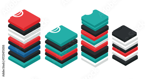 Colorful stacks of folded t-shirts in isometric style