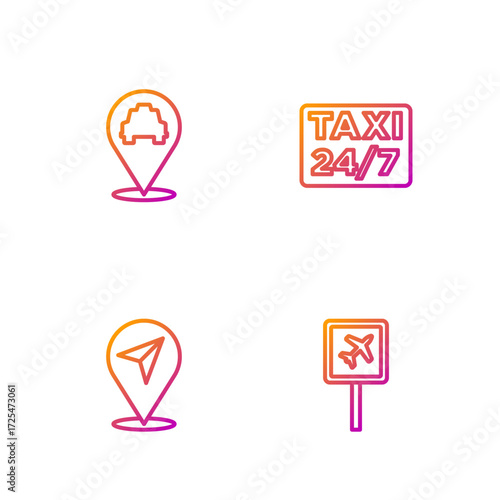 Set line Airport, Location, with taxi and . Gradient color icons. Vector