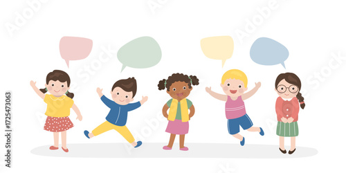 Smiling kids, multi ethnic boys and girls. Children talking and chatting, positive emotions. Global friendship, happy kids isolated on white background.