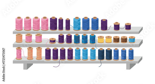 Colorful threads on shelves in a modern flat design for sewing and crafting concepts