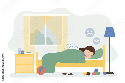 Kid having cold and fever. Sick girl lying in bed. Tired little girl covered in blanket. Sick child sweating from fever. Children illness and treatment.