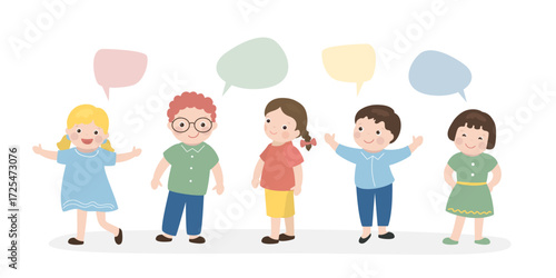 Smiling kids, caucasian boys and girls. Children talking and chatting, positive emotions, Friendship, happy kids isolated on white background.