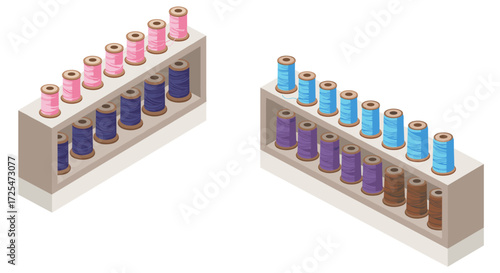 Isometric spools of colorful thread on shelves for sewing and crafting projects