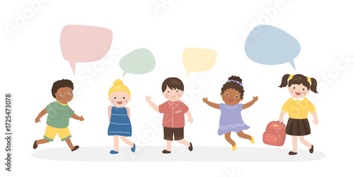 Smiling kids, multi ethnic boys and girls. Children talking and chatting, positive emotions. Global friendship, classmates, happy kids isolated on white background.