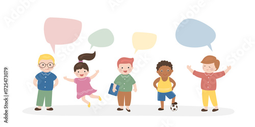 Smiling kids, multi ethnic boys and girls. Children talking and chatting, positive emotions.