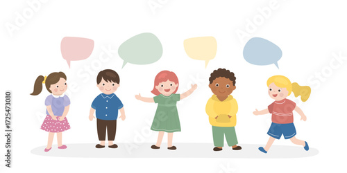 Smiling kids, multi ethnic boys and girls. Children talking and chatting, positive emotions. Global friendship, happy kids isolated on white background.